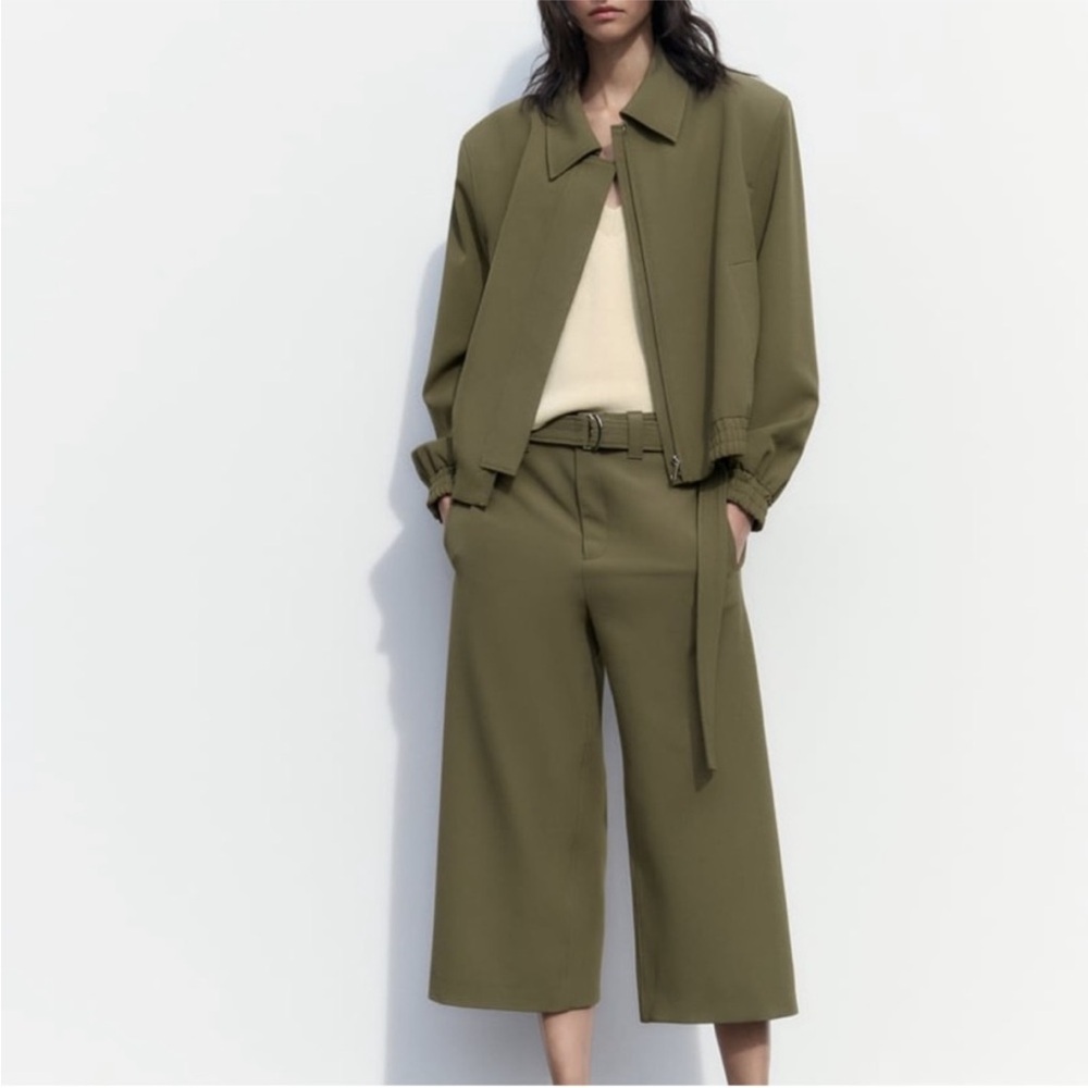Zara Olive Green Wide-Leg Cropped Pants